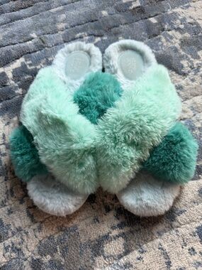 StarsAbove Fuzzy Crisscross Slippers in Mint & Teal